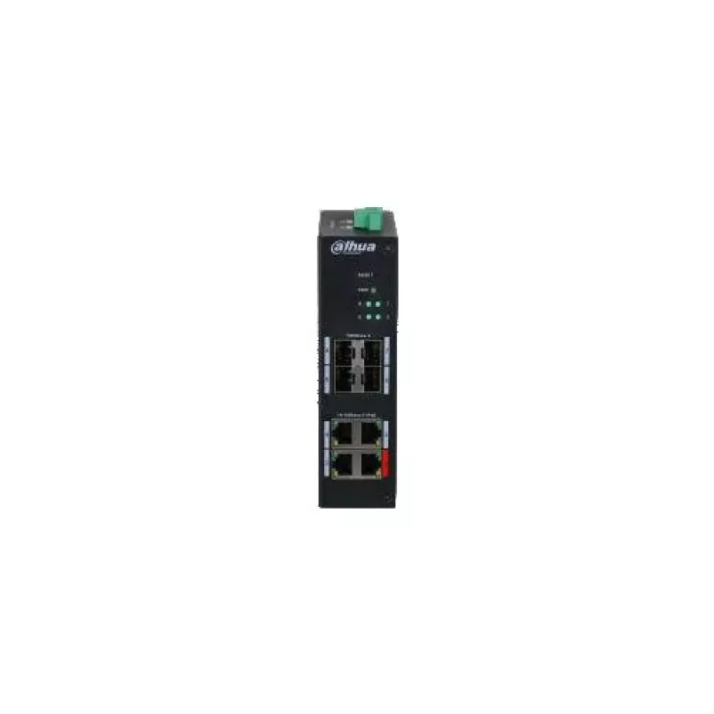 Dahua HS4408-4ET-96 tööstuslik haldamata PoE-lüliti, 8 porti, 4x Hi-PoE 60W, 4x PoE+ 30W, 96W eelarve, 2x Gigabit üleslüli, 2x SFP, DIN-ronga