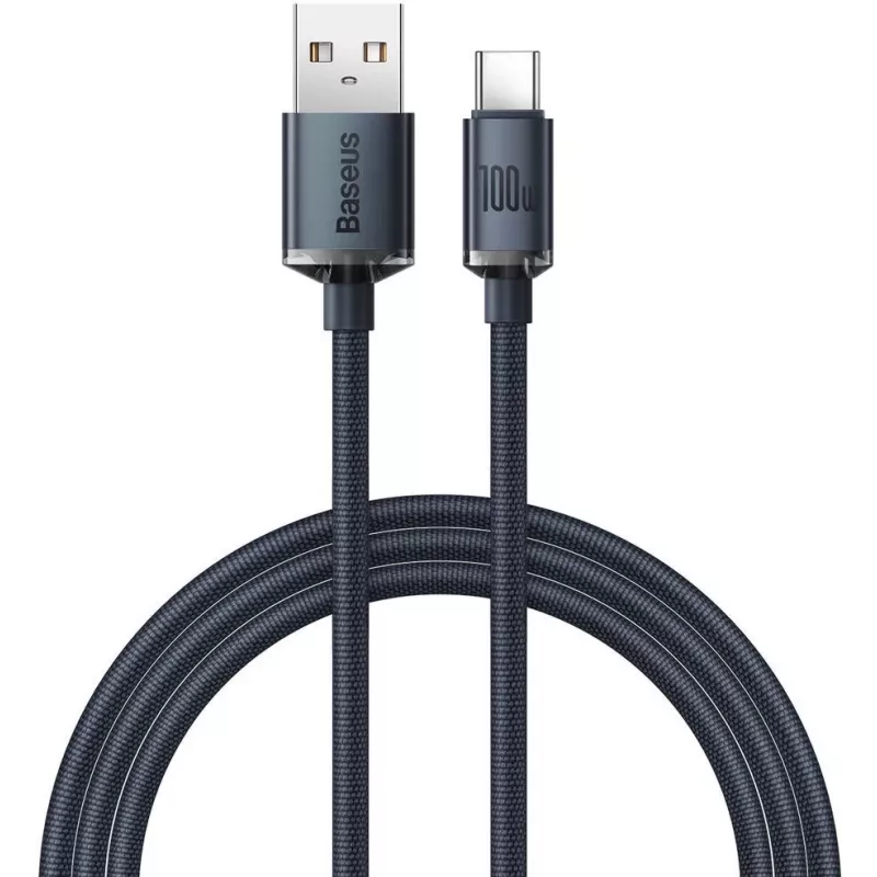 Baseus Crystal Shine USB-A to USB-C kaabel 1,2m 100W 6A QC 3.0 Punutud nailon must