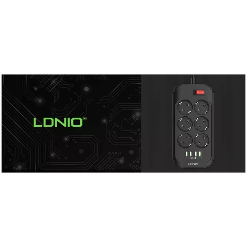 LDNIO SE6403 Pistikupesadega ja USB-ga toiteplokk, 6 pistikupesa + 4 USB laadimisporti, 2m kaabel, 2500W, valge