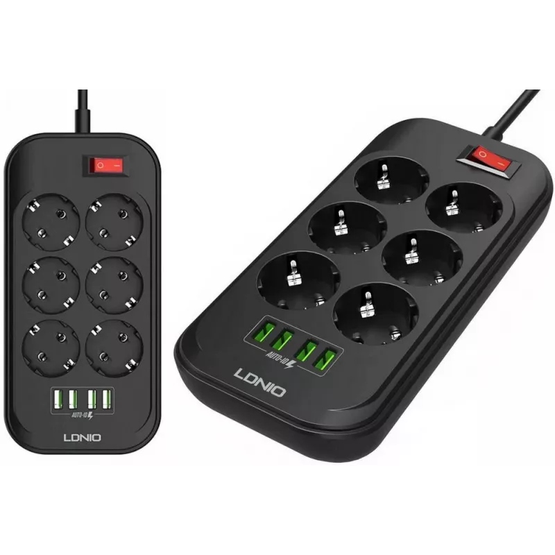 LDNIO SE6403 Pistikupesadega ja USB-ga toiteplokk, 6 pistikupesa + 4 USB laadimisporti, 2m kaabel, 2500W, valge