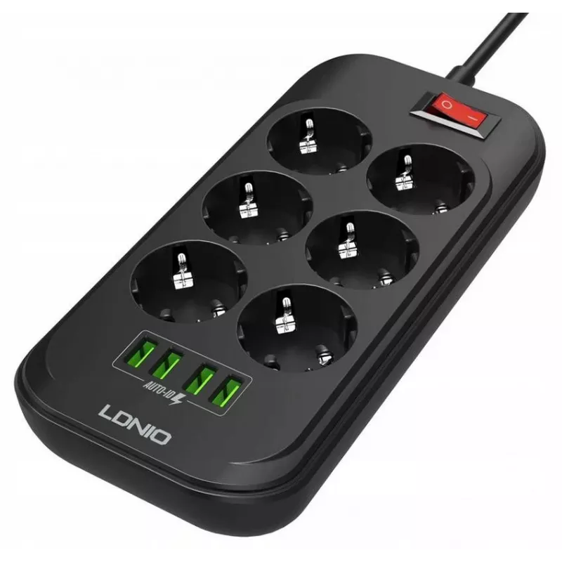 LDNIO SE6403 Pistikupesadega ja USB-ga toiteplokk, 6 pistikupesa + 4 USB laadimisporti, 2m kaabel, 2500W, valge