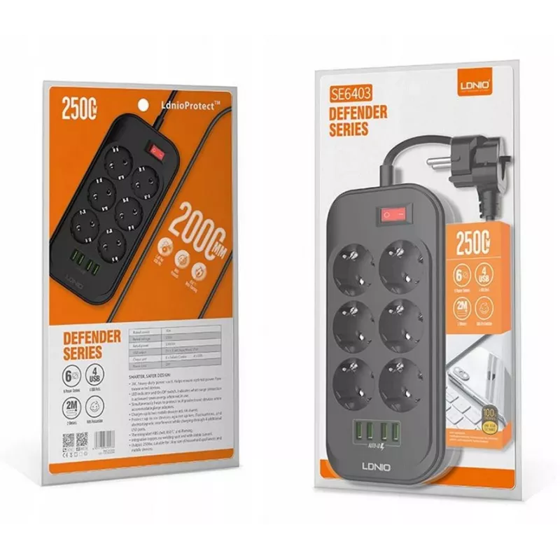 LDNIO SE6403 Pistikupesadega ja USB-ga toiteplokk, 6 pistikupesa + 4 USB laadimisporti, 2m kaabel, 2500W, valge