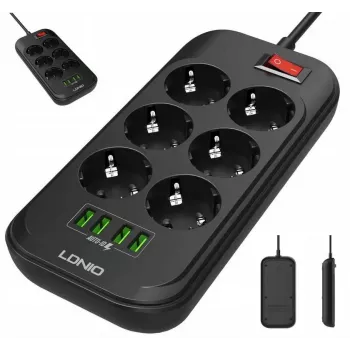 LDNIO SE6403 Pistikupesadega ja USB-ga toiteplokk, 6 pistikupesa + 4 USB laadimisporti, 2m kaabel, 2500W, valge