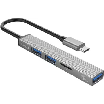 ORICO AH-12F-GY-BP USB-C jaotur 3x USB-A pordi ja MicroSD-kaardilugejaga, alumiinium, kosmosehall