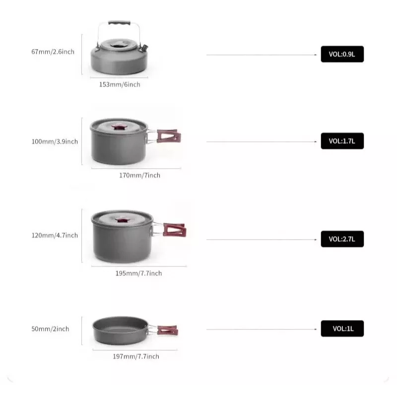 FIREMAPLE Cookware Set FMC-209 - 9-osaline matkakeedukomplekt mittenakkuva praepanni, pottide, kausside ja võrgukotiga