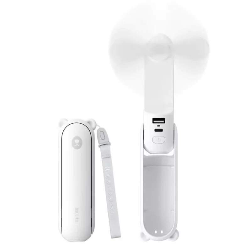 JISULIFE Handheld Fan 8 Valge Kaasaskantav USB Ventilaator Power Bank 2000mAh ja Taskulambiga