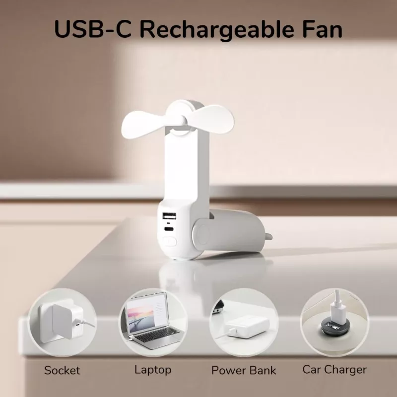 JISULIFE Handheld Fan 8 Valge Kaasaskantav USB Ventilaator Power Bank 2000mAh ja Taskulambiga