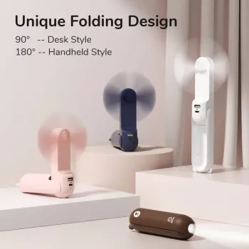JISULIFE Handheld Fan 8 Valge Kaasaskantav USB Ventilaator Power Bank 2000mAh ja Taskulambiga