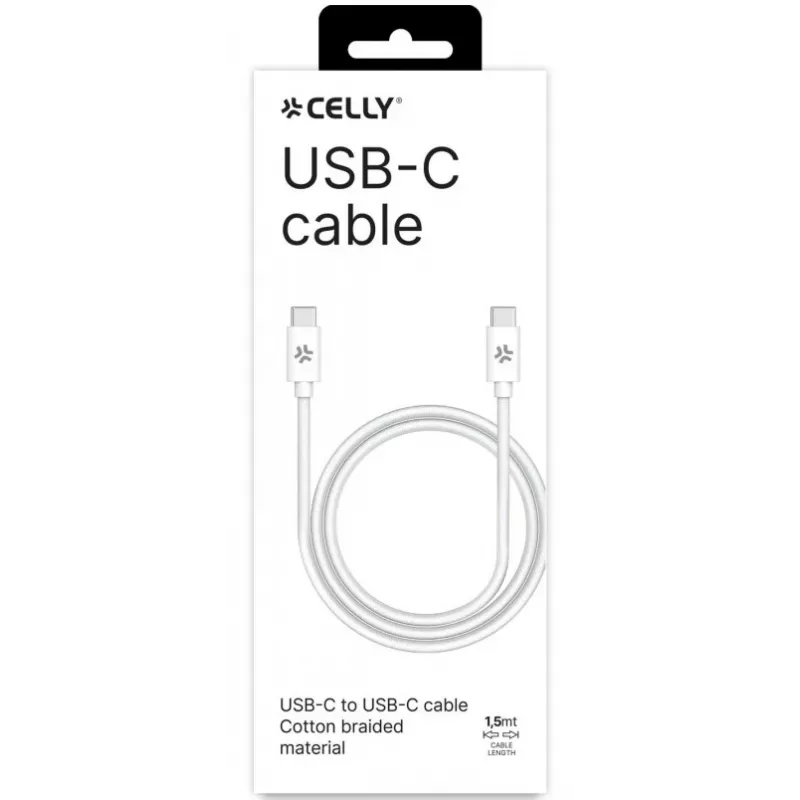 CELLY USBCUSBCCOTT - USB-C to USB-C puuvillast punutud kaabel, valge (Power Delivery)