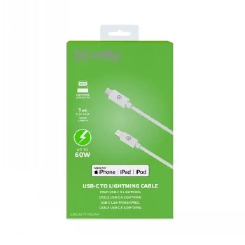 CELLY Lightning to USB-C kaabel 60W - 1,2m Valge MFi sertifitseeritud