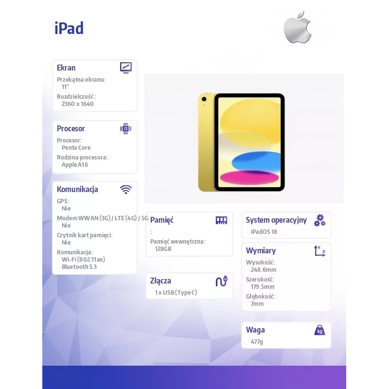 Apple iPad 10.9 11. põlvkond (2025) 128GB WiFi - Kollane
