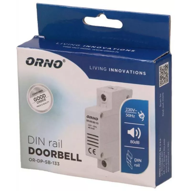 ORNO OR-DP-SB-133 Juhtmega uksekell, DIN-rööpale 1 moodul, 230V AC, 85 dB, valge/hall