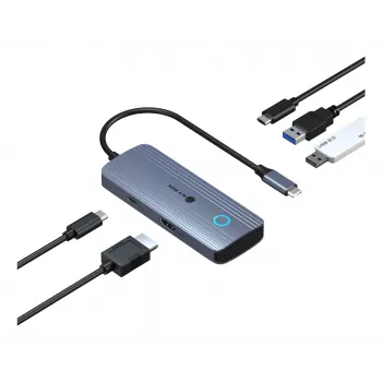 IcyBox IB-DK4081-SO Spade Dock 4081 5-in-1 reisidokijaama Off-Screen laadimisega, USB-C, HDMI 4K, Gigabit Ethernet, 2x USB-A, 100W PD, alumiinium