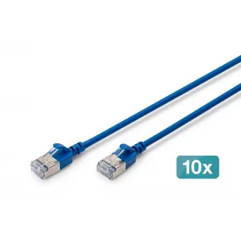 DIGITUS CAT 6A F-FTP õhuke patch-kaabel, 0,3 m, sinine, 10-pakk, LSZH, 10 Gbps, RJ45