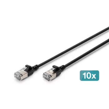 DIGITUS CAT 6A F-FTP õhuke patch-kaabel, 0,5 m, must, 10-pakk, LSZH, 10Gbps, RJ45