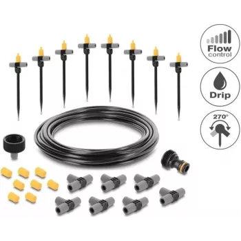Delock Micro-Drip komplekt pottidele – Täielik tilkniisutussüsteem potitaimedele, 10 taimele, 15 m peavoolik, reguleeritavad tilgutid, UV-kindel