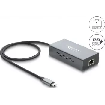 Delock USB Type-C Gigabit Ethernet võrguadapter RJ45 PoE ja USB Power Delivery'ga