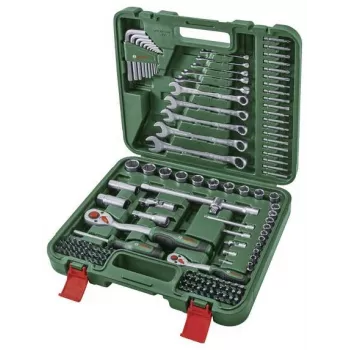 BOSCH POWERTOOLS 134-osaline isetegemise tööriistakomplekt rohelises kohvris käsitööriistade, otsikute, kinnitusdetailide ja tarvikutega