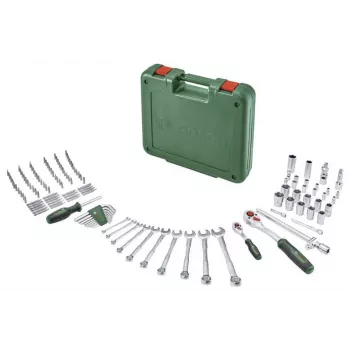 BOSCH POWERTOOLS 134-osaline isetegemise tööriistakomplekt rohelises kohvris käsitööriistade, otsikute, kinnitusdetailide ja tarvikutega