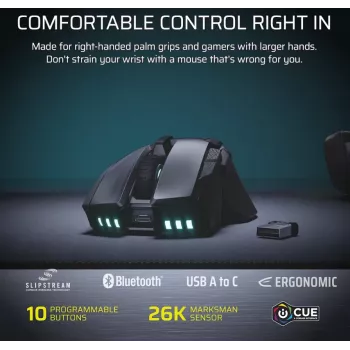 CORSAIR Ironclaw Wireless SE mänguhiir - 26 000 DPI, optiline, SLIPSTREAM Wireless, Bluetooth, USB, RGB, must