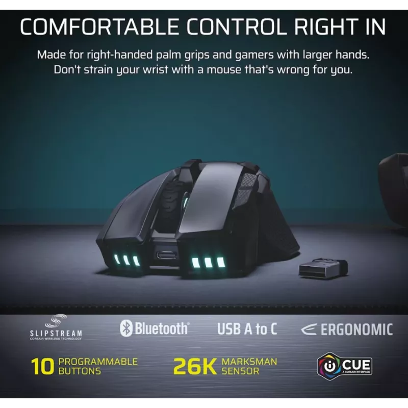 CORSAIR Ironclaw Wireless SE mänguhiir - 26 000 DPI, optiline, SLIPSTREAM Wireless, Bluetooth, USB, RGB, must
