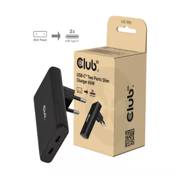 Club 3D CAC-1935 Slim 65W Dual USB-C GaN PD 3.1 PPS laadija, must