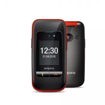 Emporia ONE V200i Must/Punane (2025) – Eakatele sobiv mobiiltelefon SOS-nupuga, laadimishälliga ja suurte valgustatud klahvidega