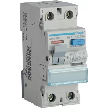 HAGER CDA263J RCCB rikkevoolukaitselüliti 1P+N 63A 30mA Tüüp A 6kA 230V 2-moodul DIN-liist