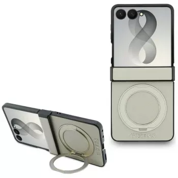 Guess Magnetic Ring Stand Grained Classic Logo MagSafe ümbris Samsung Galaxy Z Flip 8 jaoks, beež