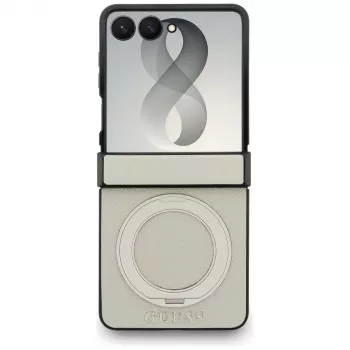 Guess Magnetic Ring Stand Grained Classic Logo MagSafe ümbris Samsung Galaxy Z Flip 8 jaoks, beež