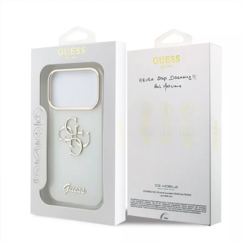 GUESS 4G Script Metal kaitsekate iPhone 18 Pro Max / 17 Pro Max jaoks - Valge