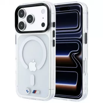BMW M IML läikiv metallist logo ja ääristega MagSafe-kate iPhone 18 Pro / 17 Pro jaoks - läbipaistev