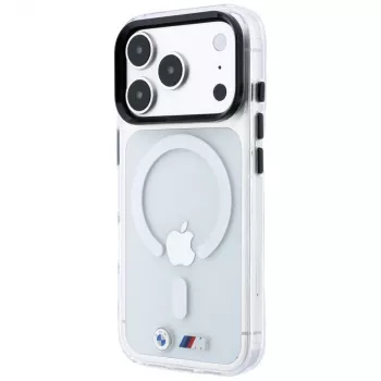 BMW M IML läikiv metallist logo ja ääristega MagSafe-kate iPhone 18 Pro / 17 Pro jaoks - läbipaistev