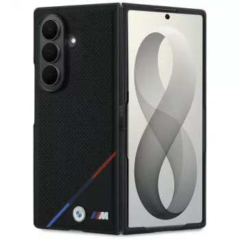 BMW M nahast perforeeritud trikoloorse triibuga metall-logodega MagSafe-ümbris Samsung Galaxy Z Fold8 Ultra jaoks – must