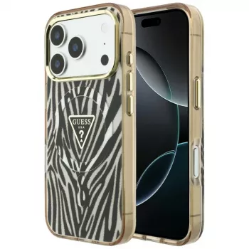 GUESS IML Zebra Glitter Triangle Logo MagSafe-kate iPhone 18 Pro Max / 17 Pro Max jaoks - kuldne