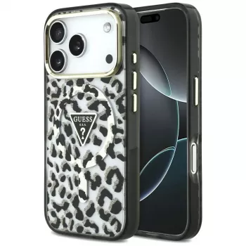 GUESS IML Leopard Glitter Triangle Logo MagSafe ümbris iPhone 18 Pro / 17 Pro jaoks - must