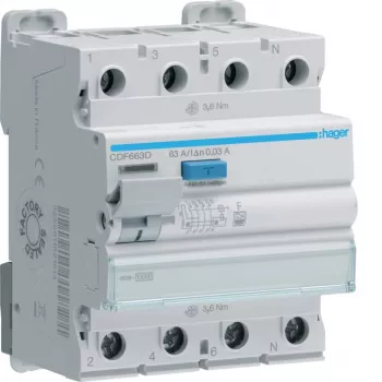 Hager CDF663D Rikkevoolukaitselüliti, 4-pooluseline, 63 A, 30 mA, Tüüp F, 10 kA