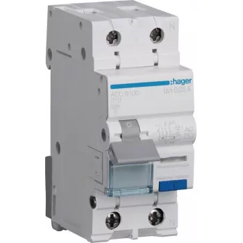 Hager ADC910D RCBO 2P 10A 30mA Type AC rikkevoolukaitselüliti ülekoormuskaitsega