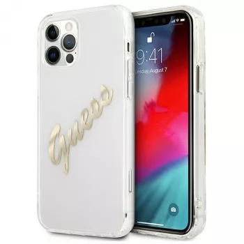 GUESS Vintage Script Gold kõva kest Apple iPhone 12 Pro Max jaoks - läbipaistev