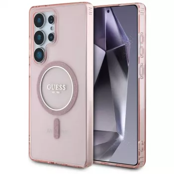GUESS Glitter Circle Classic Logo MagSafe ümbris Samsung Galaxy S25 Ultra jaoks - Roosa