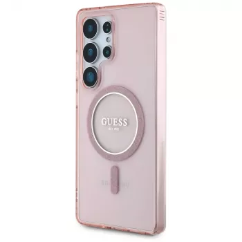 GUESS Glitter Circle Classic Logo MagSafe ümbris Samsung Galaxy S25 Ultra jaoks - Roosa