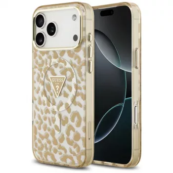 GUESS IML Leopard Glitter Triangle Logo MagSafe-kate iPhone 18 Pro Max / 17 Pro Max jaoks - Pruun