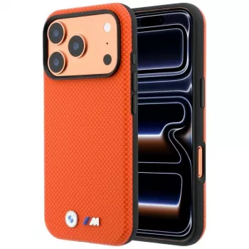 BMW M Quadrille Kevlar MagSafe kate iPhone 17 Pro Max / 18 Pro Max – oranž metallist logoga