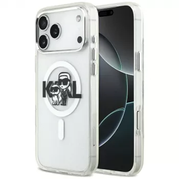 Karl Lagerfeld IML Glitter Karl & Choupette Sketch Logo MagSafe-kate iPhone 17 Pro Max jaoks, läbipaistev