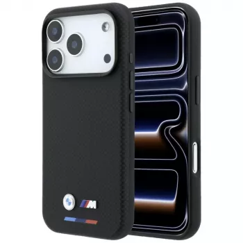 BMW M Quadrille Kevlar Tricolor & Metal Logo MagSafe korpus iPhone 18 Pro / 17 Pro jaoks - must
