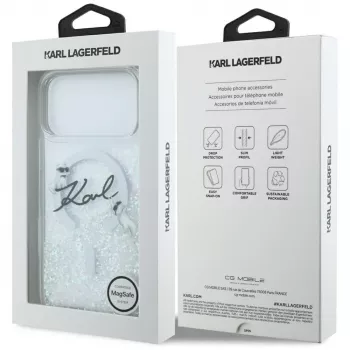 Karl Lagerfeld Liquid Glitter Karl Script Logo MagSafe ümbris iPhone 17 Pro Max jaoks, läbipaistev