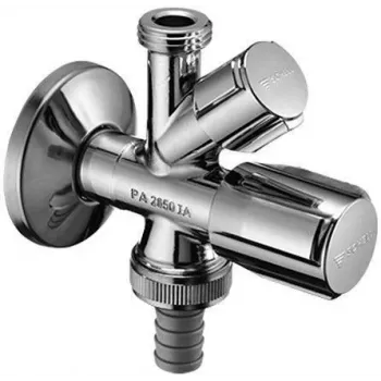 VALVE Nurgaventiil 1/2 tolli x 1/2 tolli x 3/4 tolli väliskeermega, kroomitud messing, kahe väljundiga koos tagasivoolutakistiga