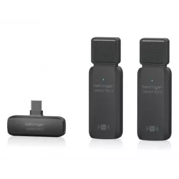 Behringer SMART MIC 2 traadita nutitelefoni mikrofonisüsteem Lightning, USB-C ja 3.5mm ühendusega, 2.4GHz digitaalne, omnidirektsionaalne kondensaatormikrofon, kuni 100m ulatus, 7h aku, sisaldab lavalier-sisendit, tuulekaitse ja hoiukott