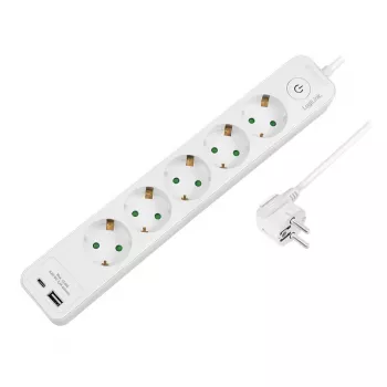 LogiLink LPS280U toitejuhe, 5 pistikupesa, 2 USB-porti (USB-A ja USB-C), 17W, valge
