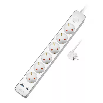 LogiLink pikenduspesa 6 kaitsekontaktiga, USB-A ja USB-C PD 20W, lülitiga, 1,5m, valge